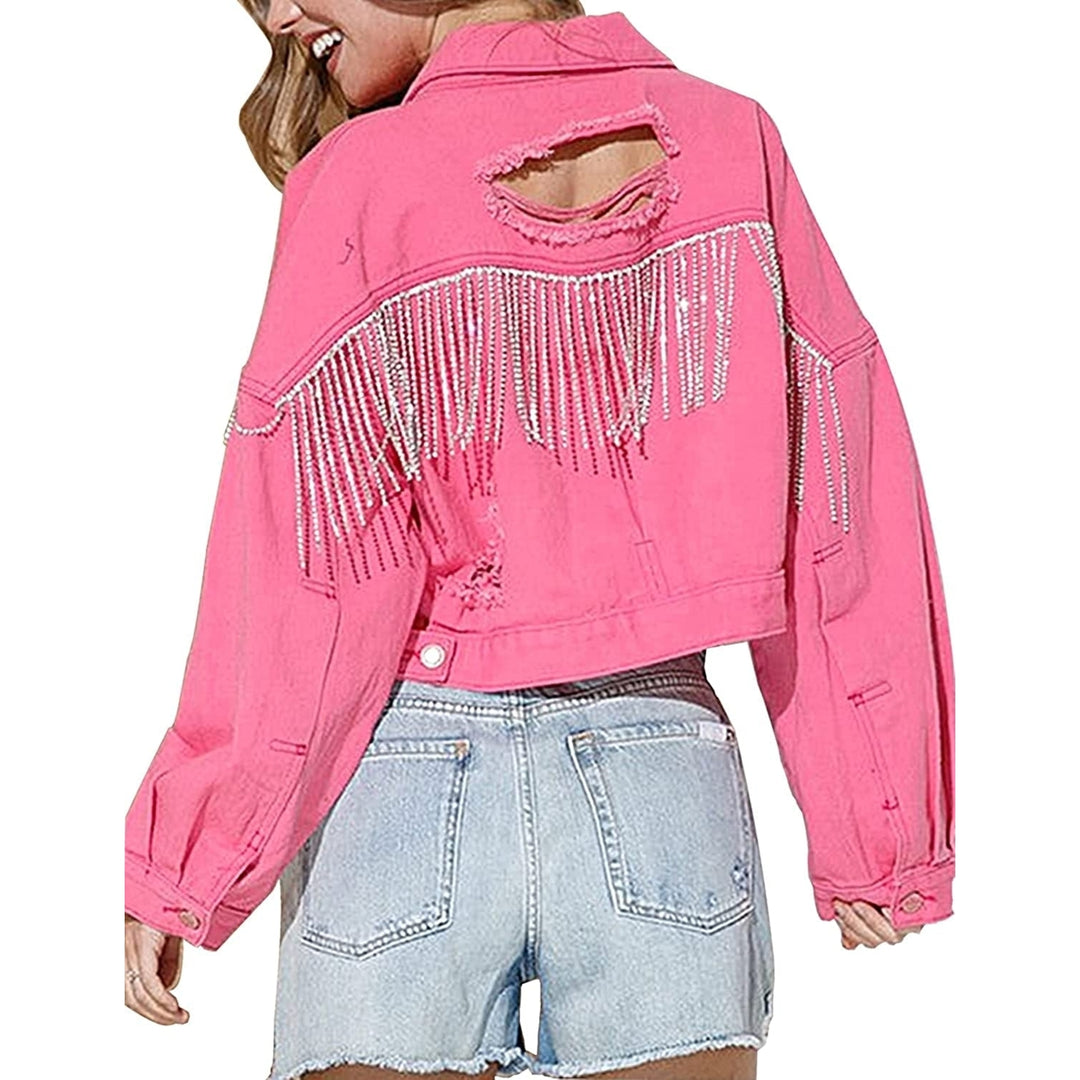 Womens Denim Jacket with Fringe Rhinestones Long Sleeve Distressed Ripped Denim Jackets with Pockets Image 8