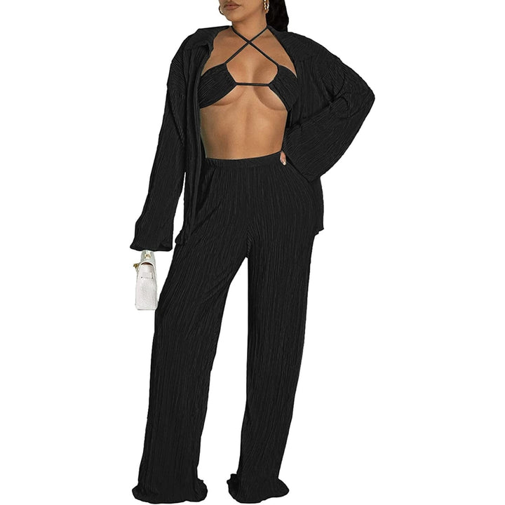 Sweatsuits for Women Set Cardigan 3 Piece Outfits Casual Loose Tracksuit Ruffle Long Sleeve Pleated Bra Womens Image 1