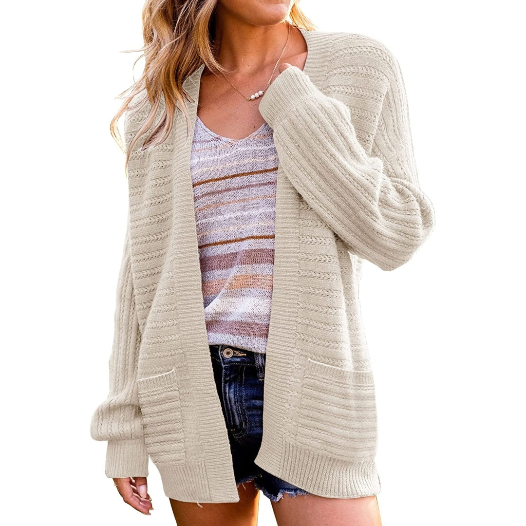 Womens Casual Long Sleeve Cable Knit Open Front Loose Chunky Sweater Cardigan Coat Outerwear with Pockets Image 1