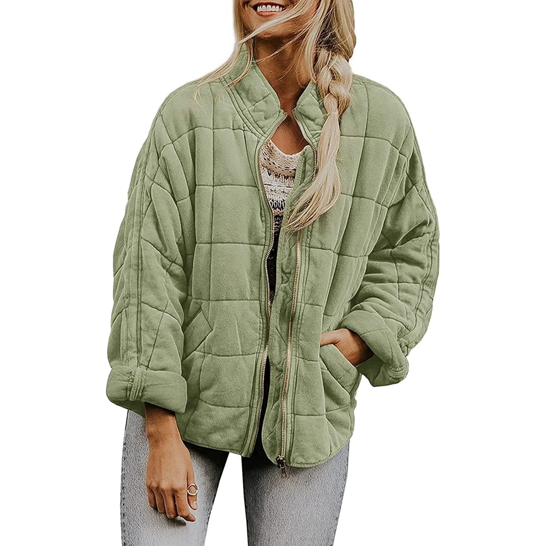 Womens Causal Lightweight Quilted Jackets Long Sleeve Oversized Warm Winter Zip Up Coat with Pockets Image 7
