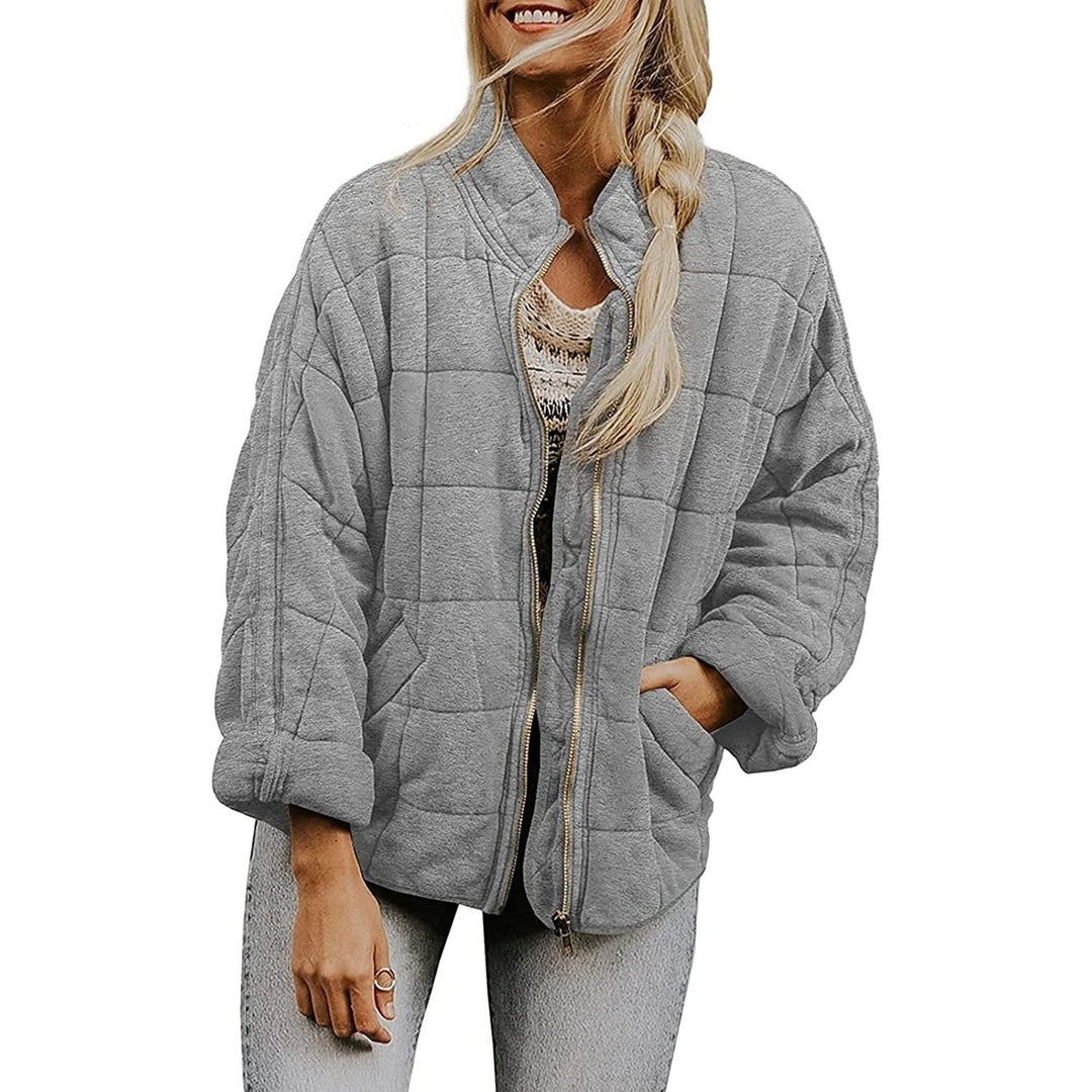 Womens Causal Lightweight Quilted Jackets Long Sleeve Oversized Warm Winter Zip Up Coat with Pockets Image 8
