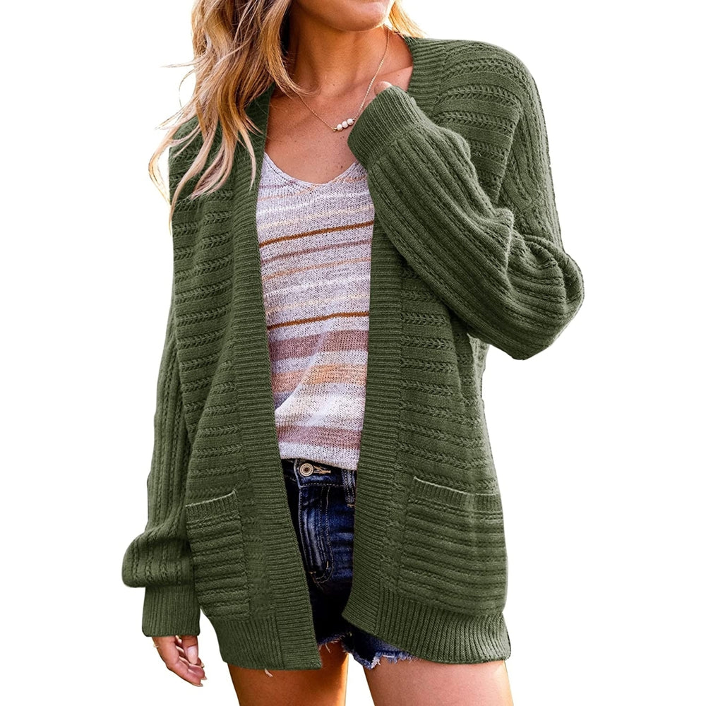 Womens Casual Long Sleeve Cable Knit Open Front Loose Chunky Sweater Cardigan Coat Outerwear with Pockets Image 2