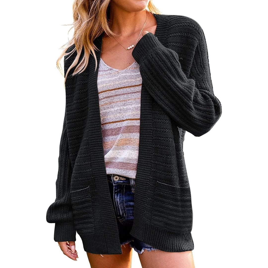 Womens Casual Long Sleeve Cable Knit Open Front Loose Chunky Sweater Cardigan Coat Outerwear with Pockets Image 3