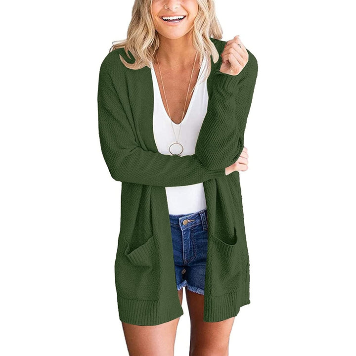 Womens 2022 Long Sleeve Waffle Knit Cardigan Open Front Cozy Sweater Coat with Pockets for Women Image 1