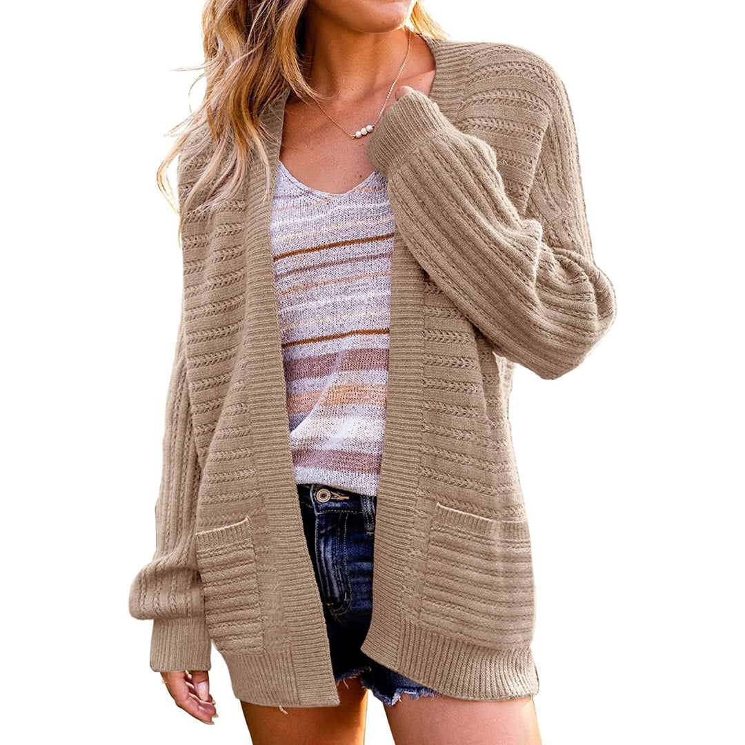 Womens Casual Long Sleeve Cable Knit Open Front Loose Chunky Sweater Cardigan Coat Outerwear with Pockets Image 7