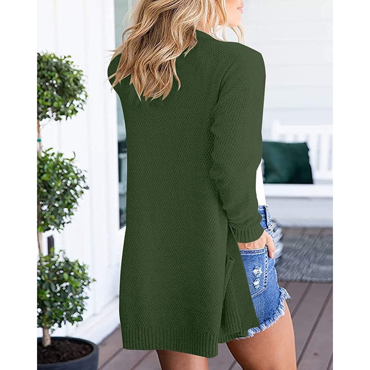 Womens 2022 Long Sleeve Waffle Knit Cardigan Open Front Cozy Sweater Coat with Pockets for Women Image 4