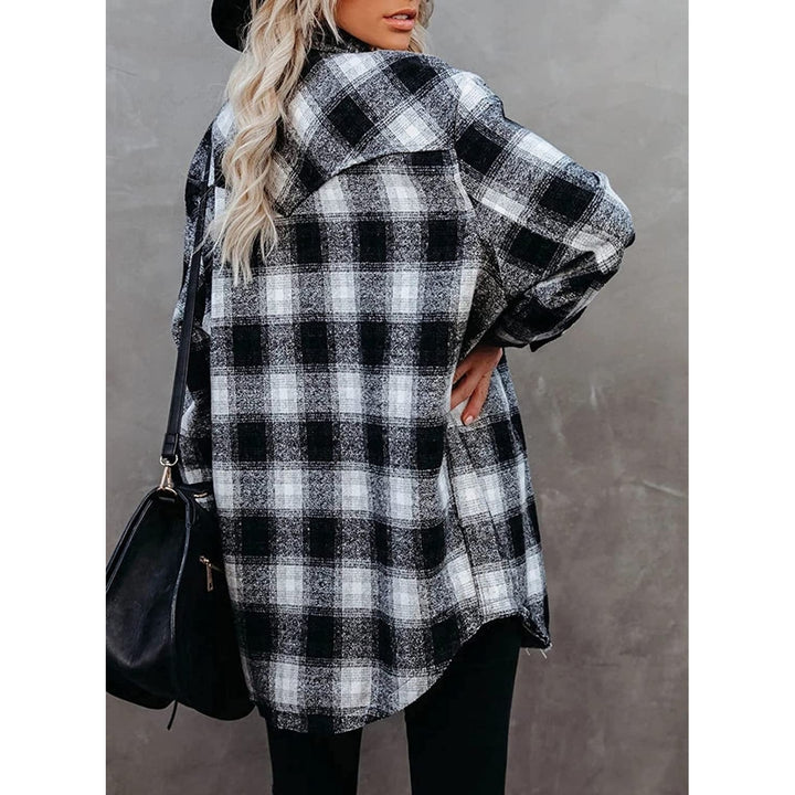 Womens Casual Plaid Shirts Color Block Long Sleeve Lapel Button Jacket Coats with Pockets Image 2