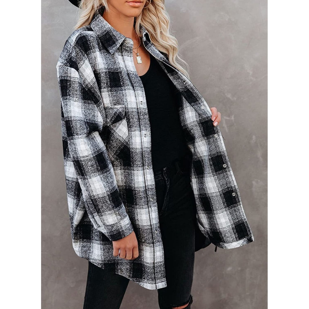 Womens Casual Plaid Shirts Color Block Long Sleeve Lapel Button Jacket Coats with Pockets Image 3