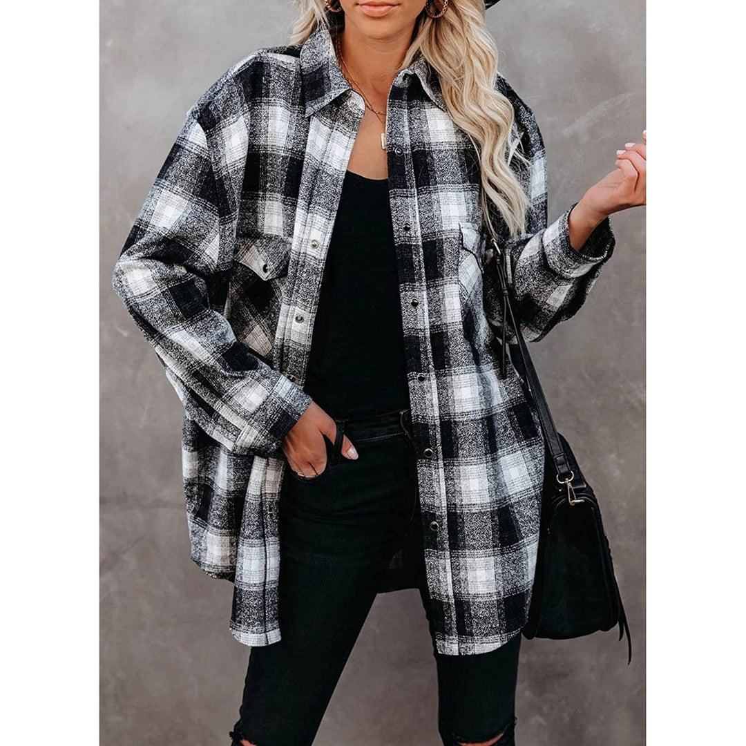 Womens Casual Plaid Shirts Color Block Long Sleeve Lapel Button Jacket Coats with Pockets Image 4