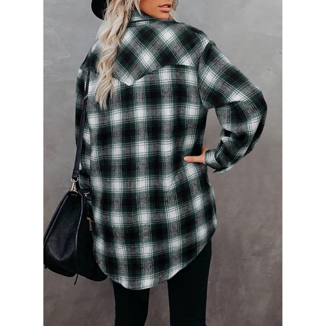 Womens Casual Plaid Shirts Color Block Long Sleeve Lapel Button Jacket Coats with Pockets Image 6