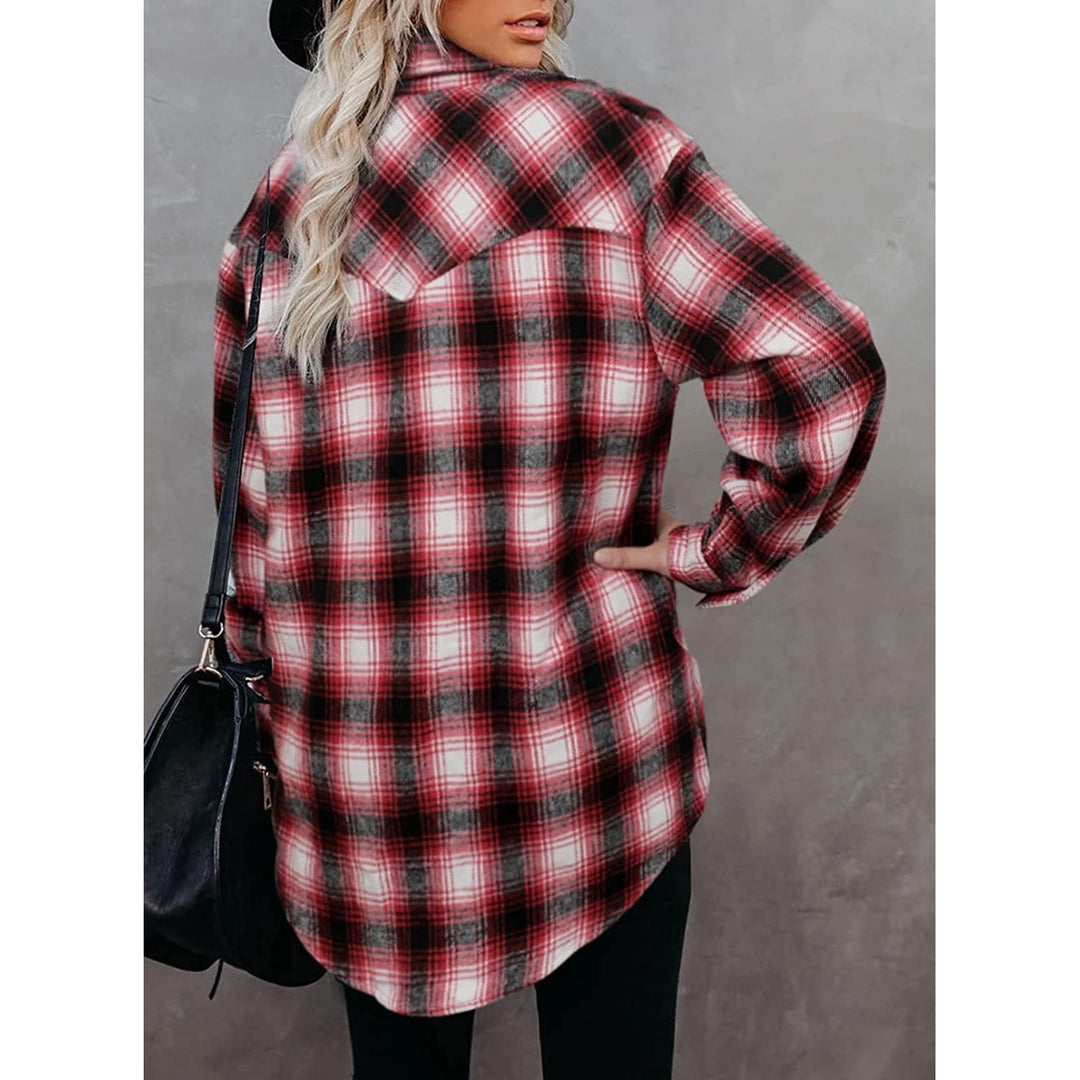 Womens Casual Plaid Shirts Color Block Long Sleeve Lapel Button Jacket Coats with Pockets Image 7