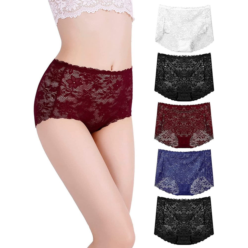 Women 5 Pack Lace Panties High Waist Brief Floral Sheer Underwear Image 2