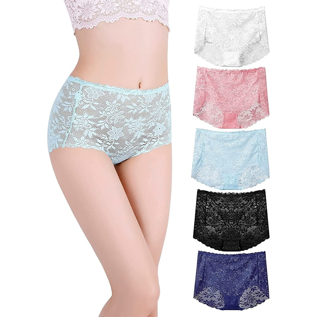 Women 5 Pack Lace Panties High Waist Brief Floral Sheer Underwear Image 4