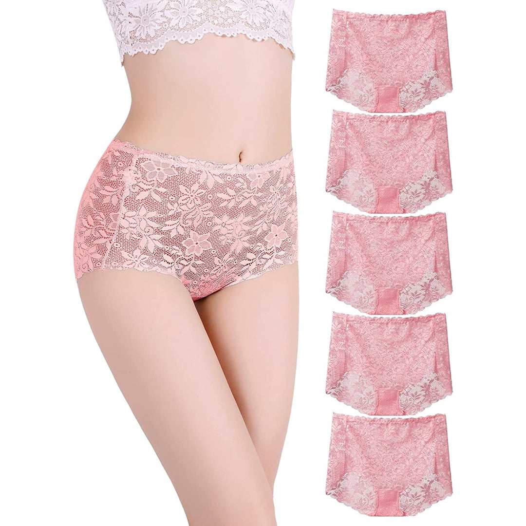 Women 5 Pack Lace Panties High Waist Brief Floral Sheer Underwear Image 6