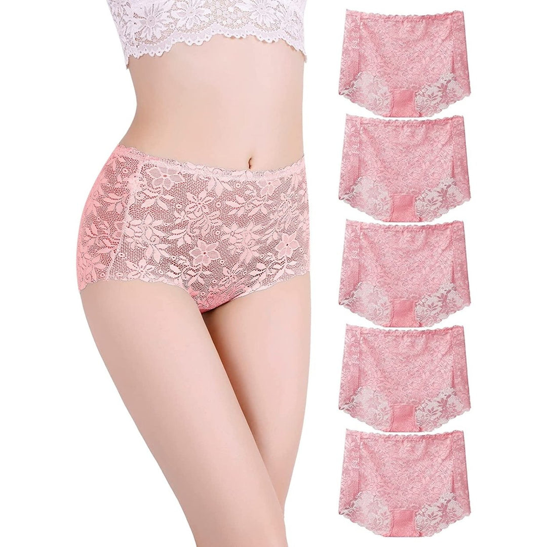 Women 5 Pack Lace Panties High Waist Brief Floral Sheer Underwear Image 1