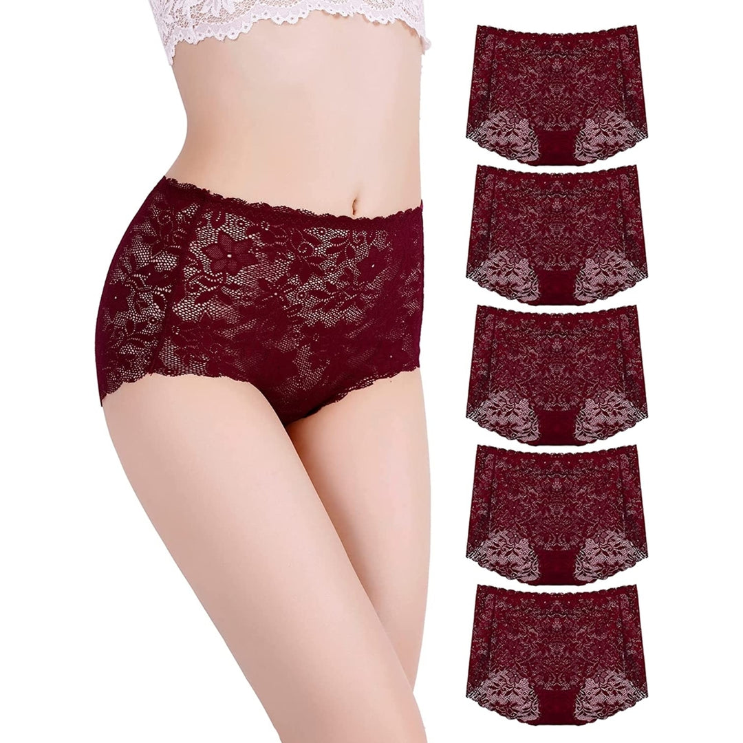 Women 5 Pack Lace Panties High Waist Brief Floral Sheer Underwear Image 8