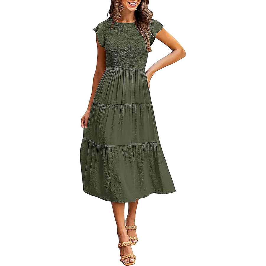 Womens Summer Casual Flutter Short Sleeve Smocked Midi Dress Elastic Waist Tiered A-Line Dress Image 1
