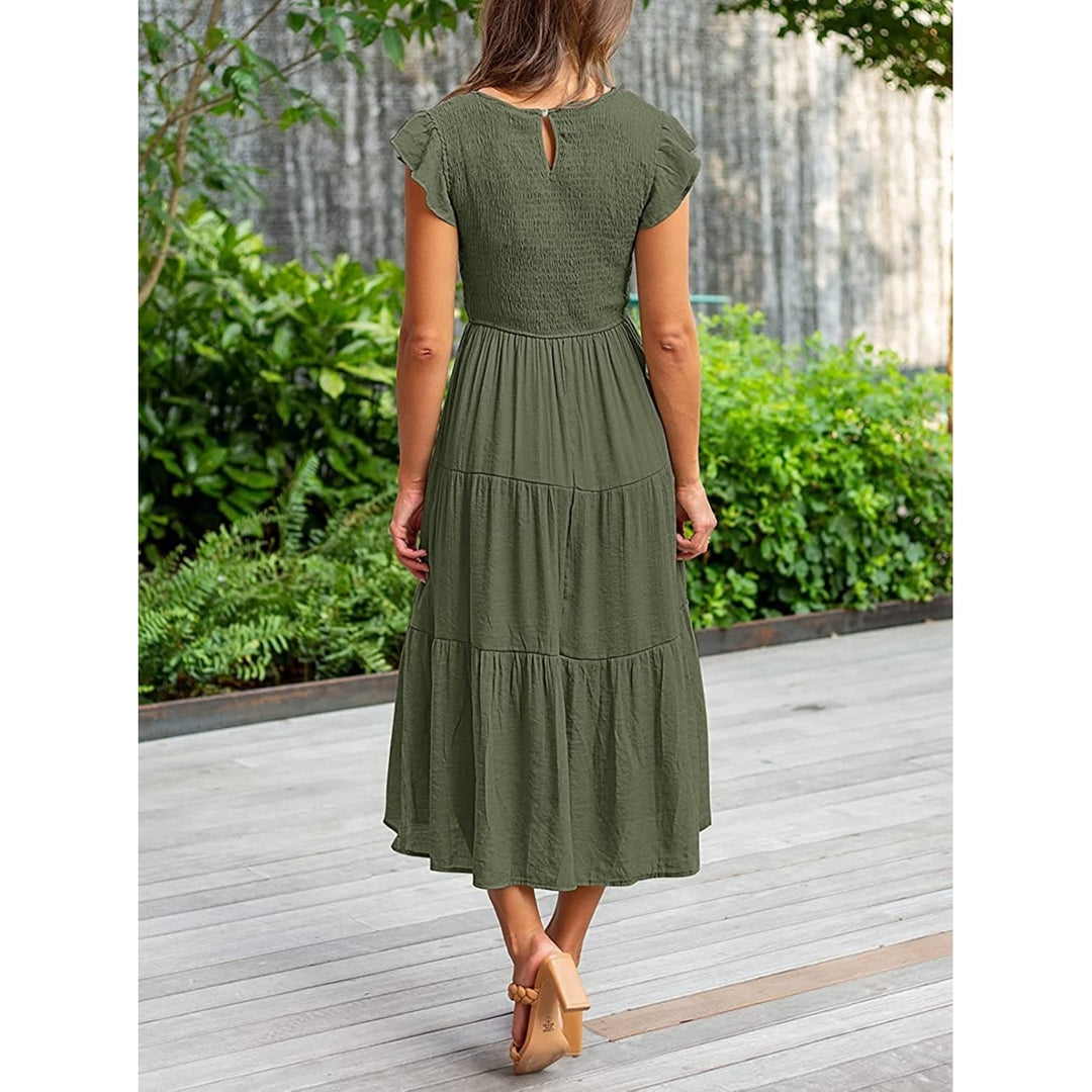 Womens Summer Casual Flutter Short Sleeve Smocked Midi Dress Elastic Waist Tiered A-Line Dress Image 4