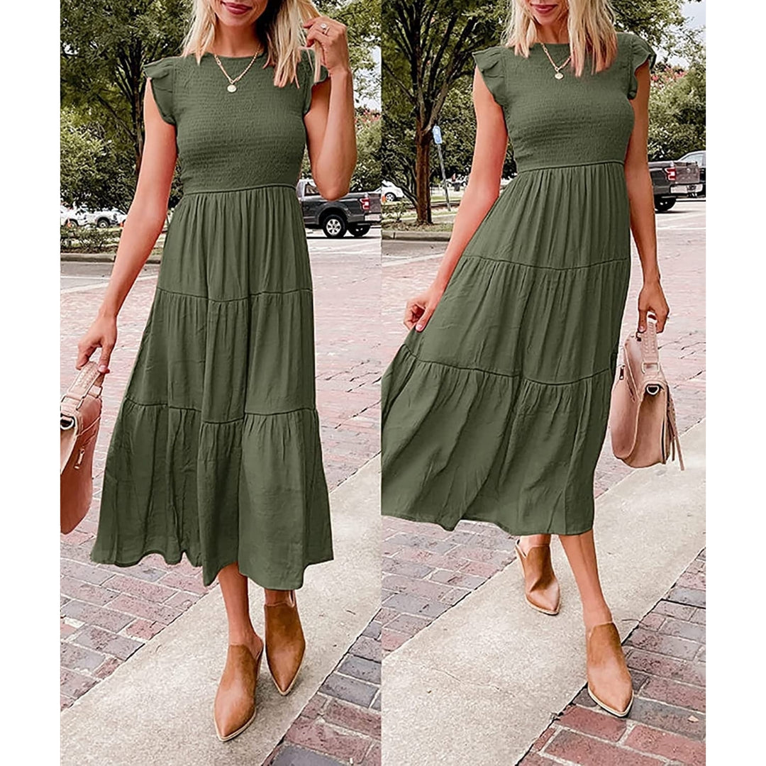 Womens Summer Casual Flutter Short Sleeve Smocked Midi Dress Elastic Waist Tiered A-Line Dress Image 4