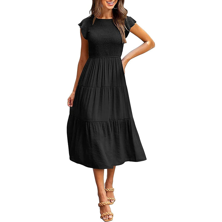 Womens Summer Casual Flutter Short Sleeve Smocked Midi Dress Elastic Waist Tiered A-Line Dress Image 6