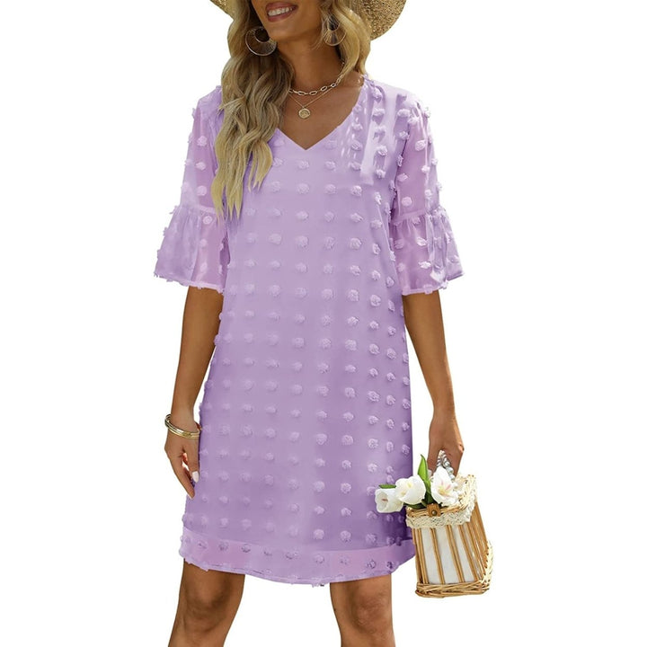 Womens Summer Short Sleeve V Neck Mini Dress Chiffon Swiss Dot Flowy Short Dress Image 1