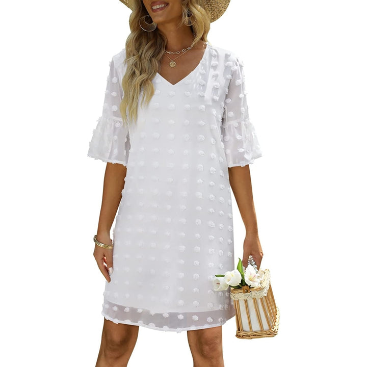 Womens Summer Short Sleeve V Neck Mini Dress Chiffon Swiss Dot Flowy Short Dress Image 11