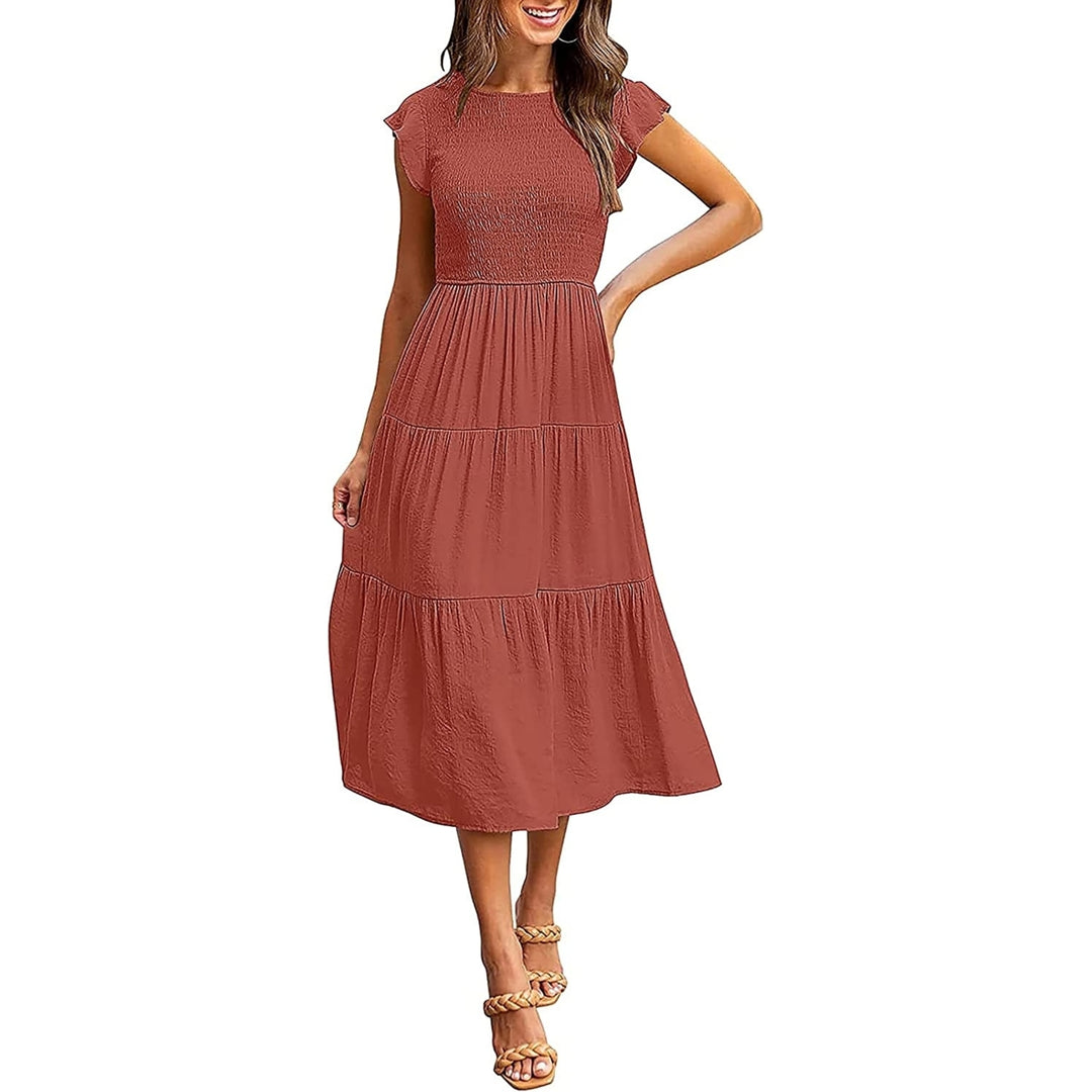 Womens Summer Casual Flutter Short Sleeve Smocked Midi Dress Elastic Waist Tiered A-Line Dress Image 8
