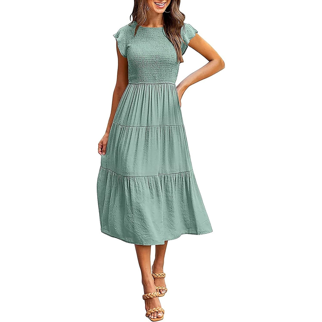 Womens Summer Casual Flutter Short Sleeve Smocked Midi Dress Elastic Waist Tiered A-Line Dress Image 9