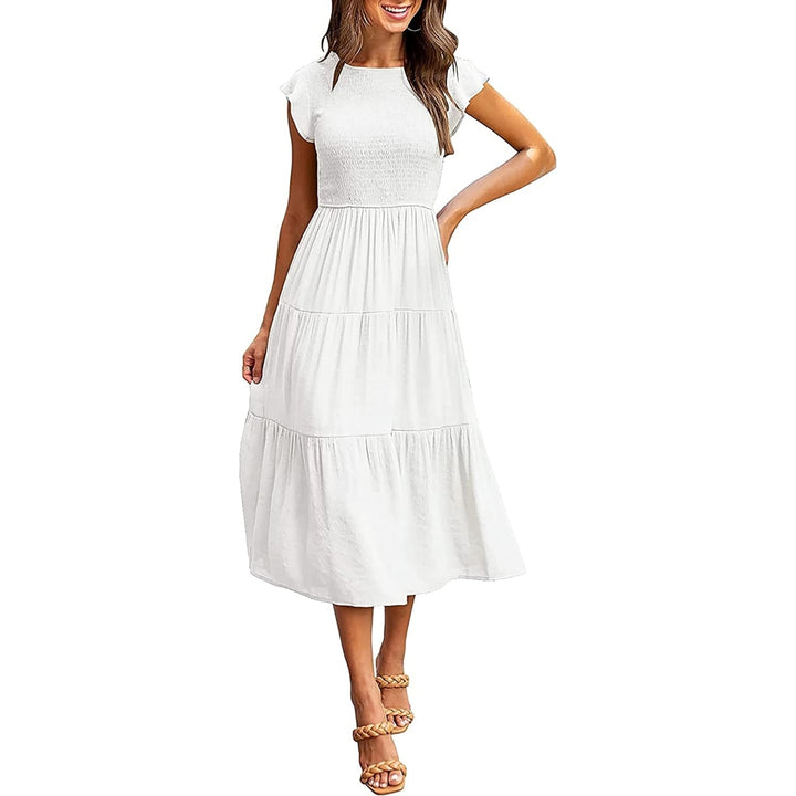 Womens Summer Casual Flutter Short Sleeve Smocked Midi Dress Elastic Waist Tiered A-Line Dress Image 10
