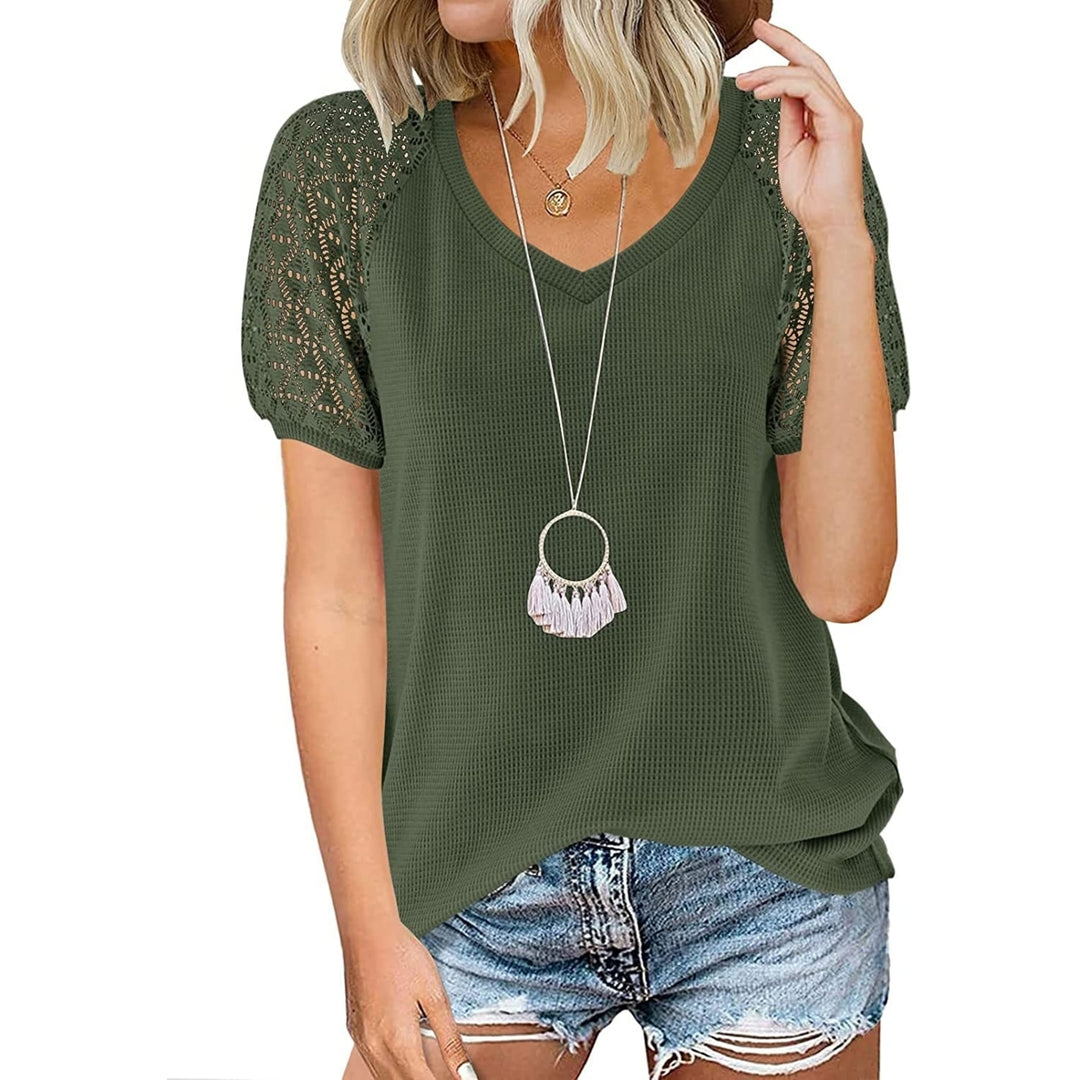 Womens Summer Lace Short Sleeve V Neck Tops Shirt Loose Tunic Short Sleeve Blouse Image 2