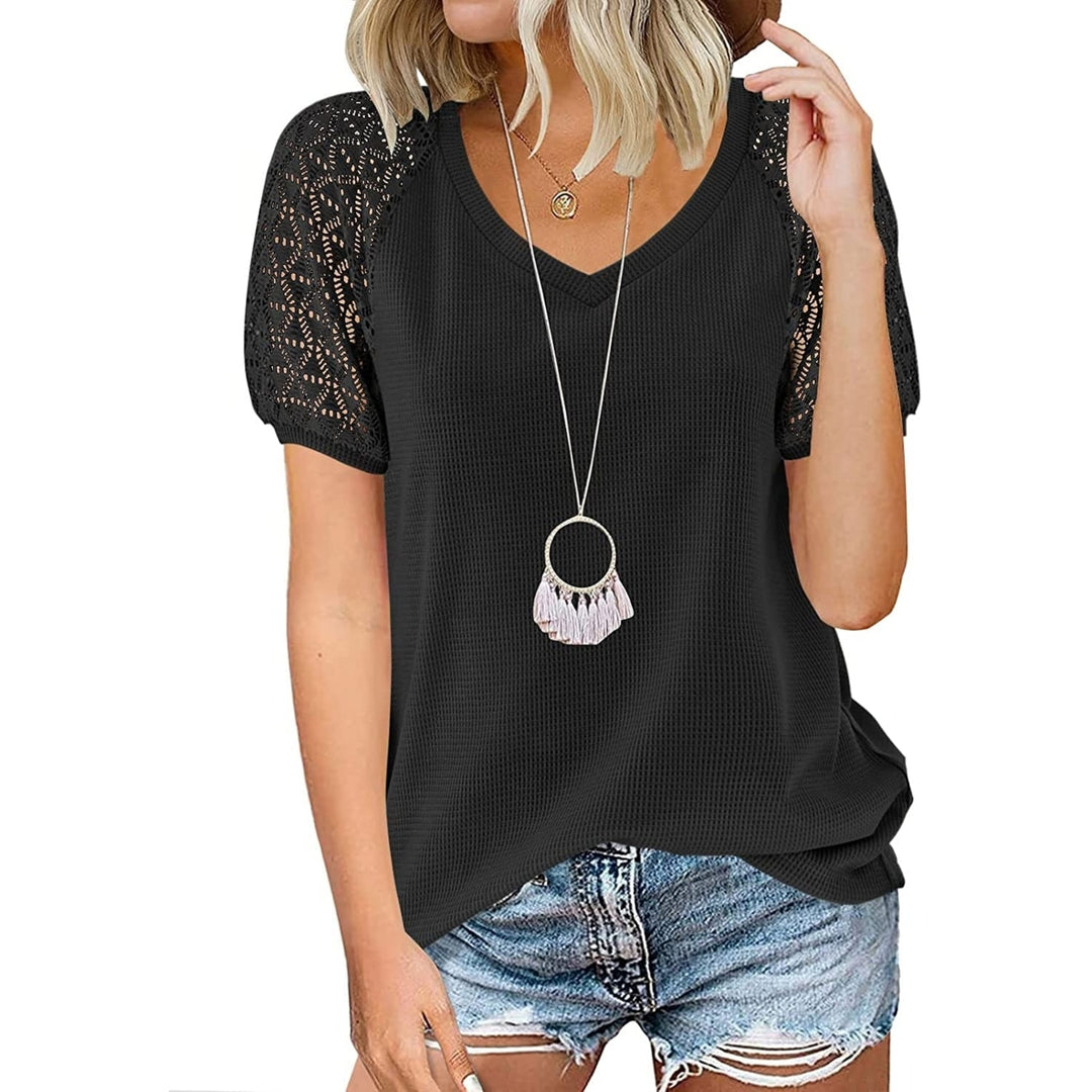 Womens Summer Lace Short Sleeve V Neck Tops Shirt Loose Tunic Short Sleeve Blouse Image 3