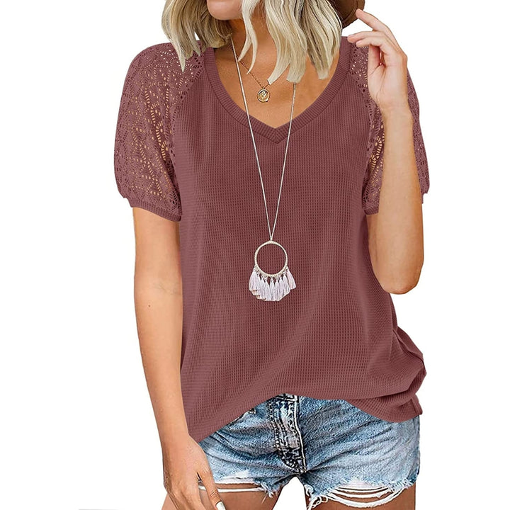 Womens Summer Lace Short Sleeve V Neck Tops Shirt Loose Tunic Short Sleeve Blouse Image 11