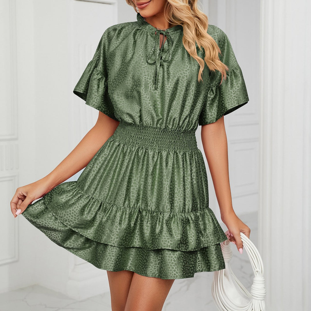 Summer Satin Solid Color Waist V-neck Ruffle Dress Image 1