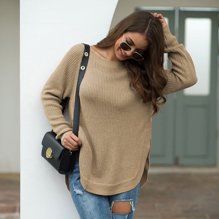 Split Hem Round Neck Long-sleeved Pullover Sweater Image 1