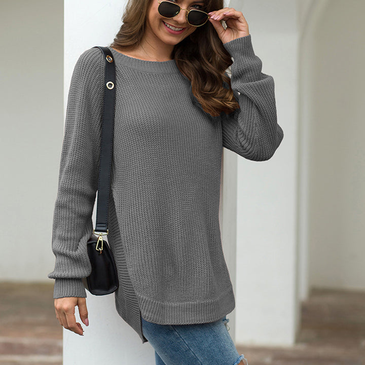 Split Hem Round Neck Long-sleeved Pullover Sweater Image 4