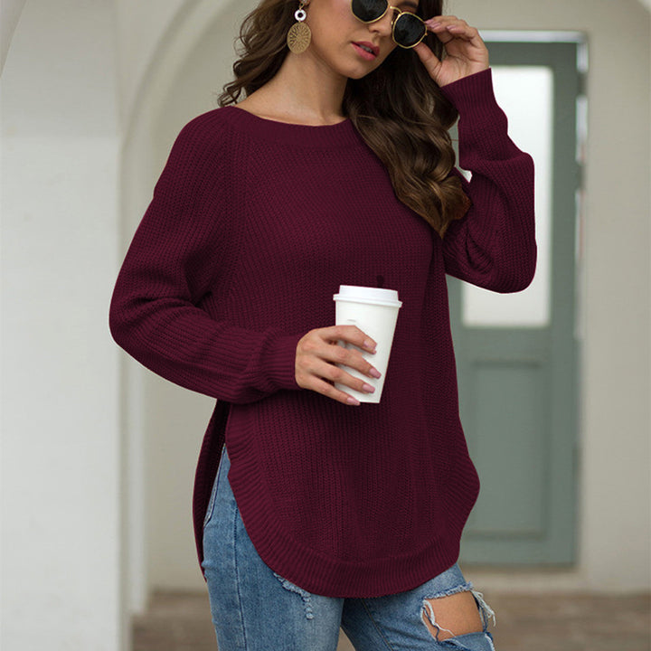 Split Hem Round Neck Long-sleeved Pullover Sweater Image 6