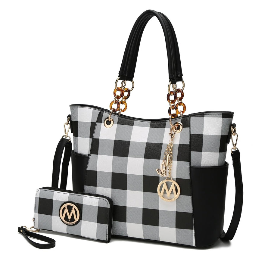 Bonita Checkered Tote 2 Pcs Womes Large Handbag with Wallet and Decorative M keychain by Mia k. Image 1