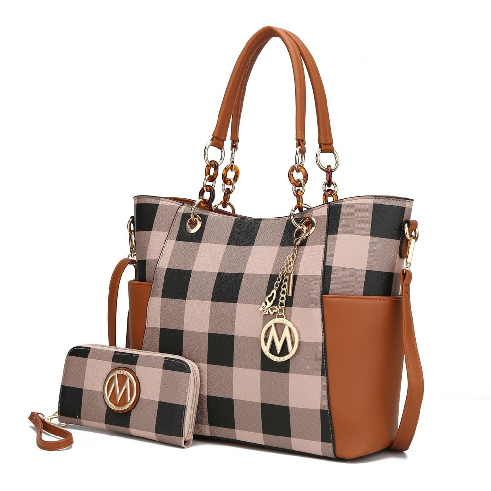 Bonita Checkered Tote 2 Pcs Womes Large Handbag with Wallet and Decorative M keychain by Mia k. Image 2