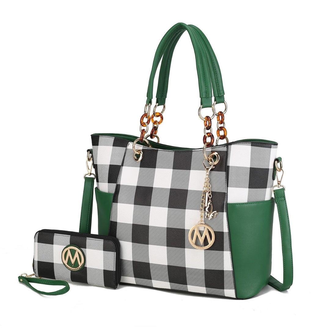Bonita Checkered Tote 2 Pcs Womes Large Handbag with Wallet and Decorative M keychain by Mia k. Image 3