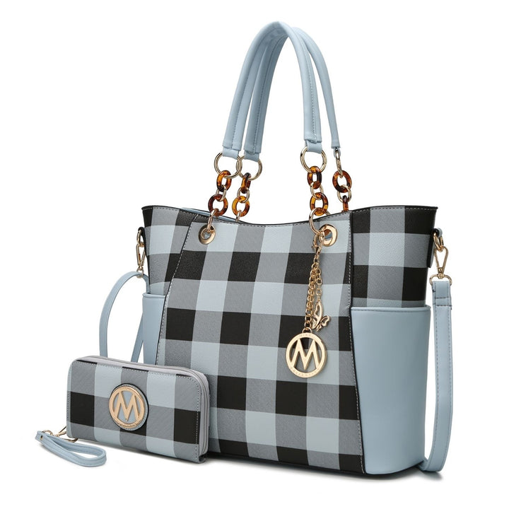 Bonita Checkered Tote 2 Pcs Womes Large Handbag with Wallet and Decorative M keychain by Mia k. Image 4
