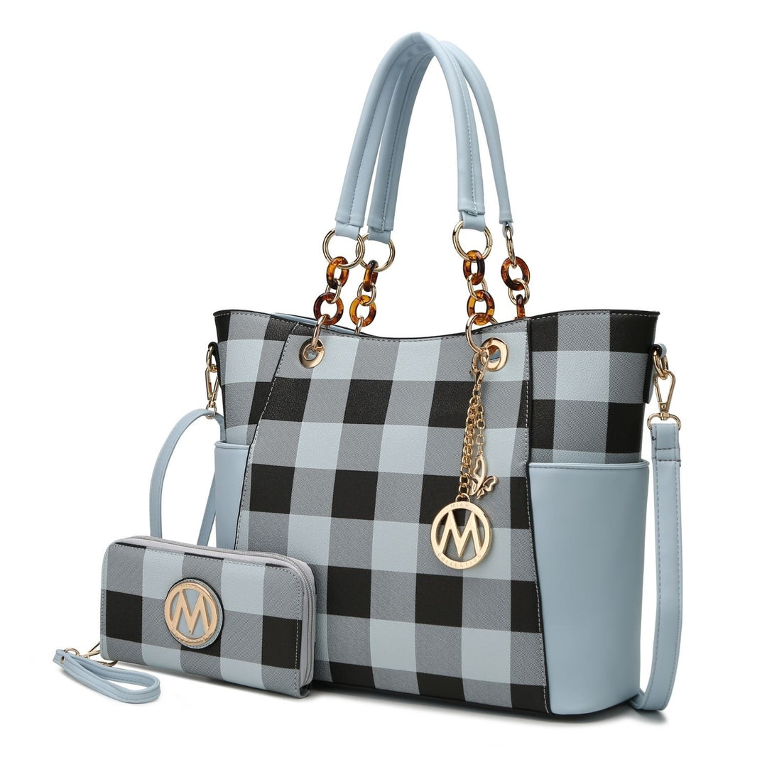 Bonita Checkered Tote 2 Pcs Womes Large Handbag with Wallet and Decorative M keychain by Mia k. Image 1