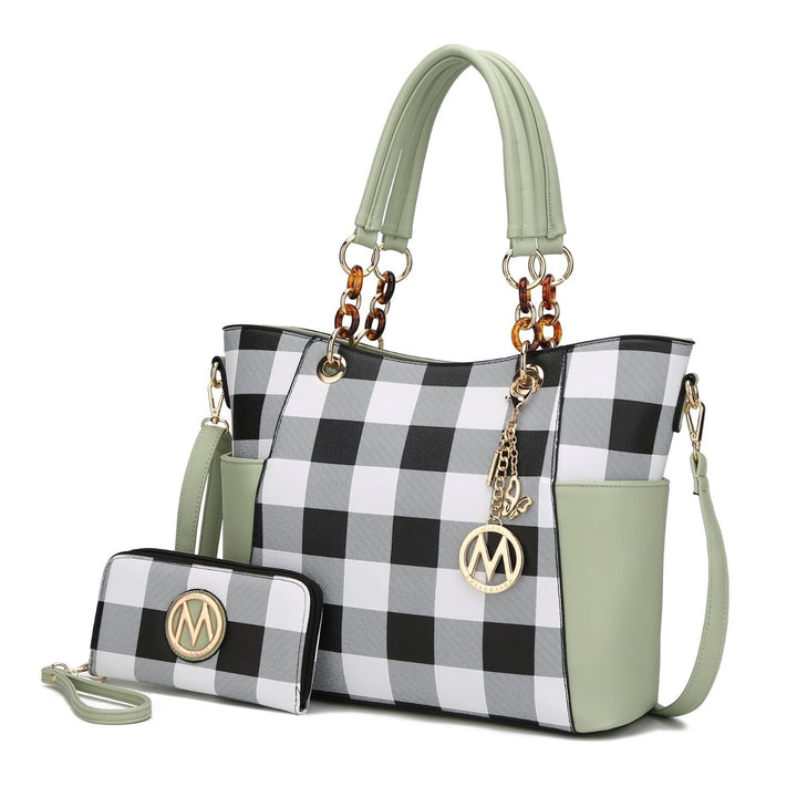Bonita Checkered Tote 2 Pcs Womes Large Handbag with Wallet and Decorative M keychain by Mia k. Image 6
