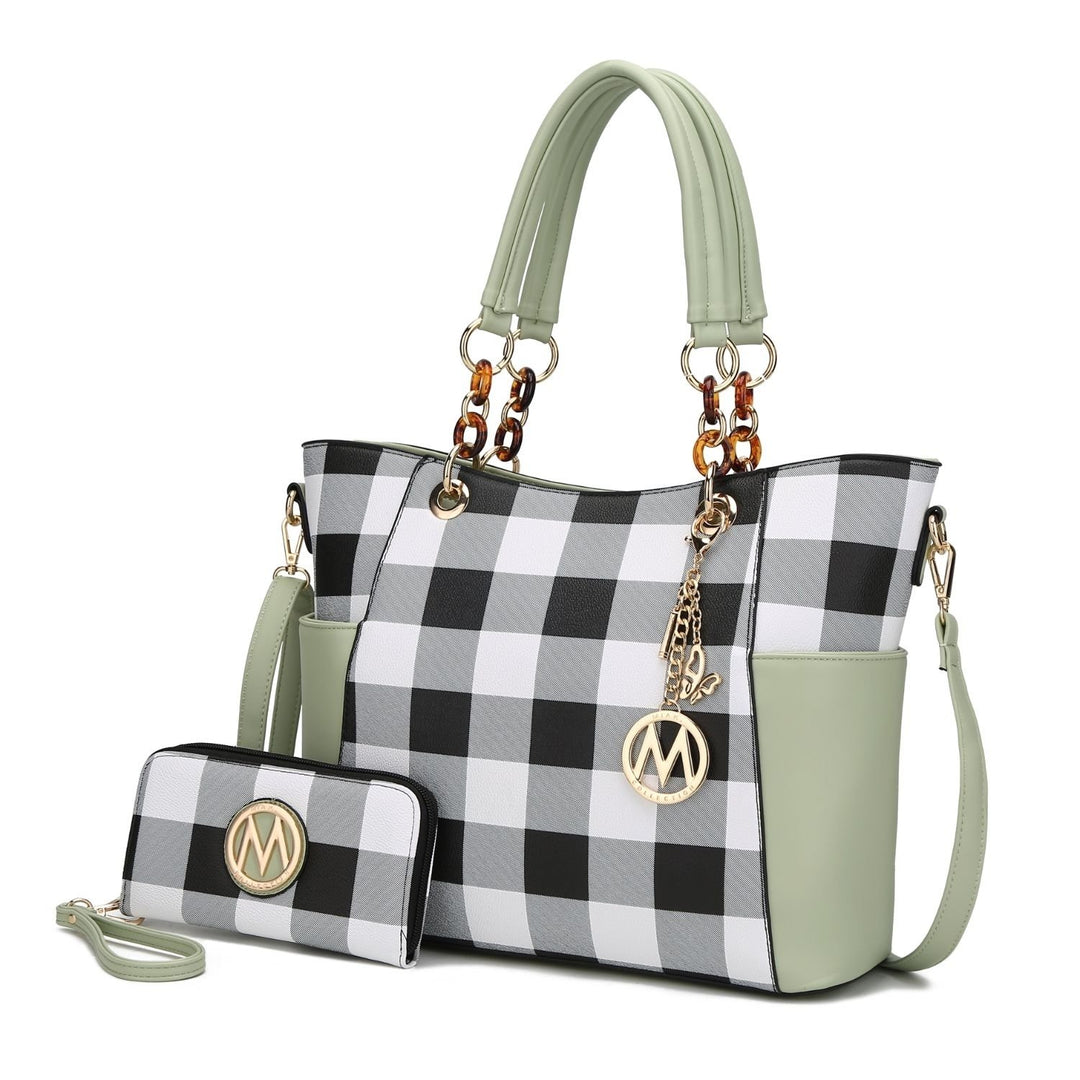 Bonita Checkered Tote 2 Pcs Womes Large Handbag with Wallet and Decorative M keychain  by Mia k. Image 1