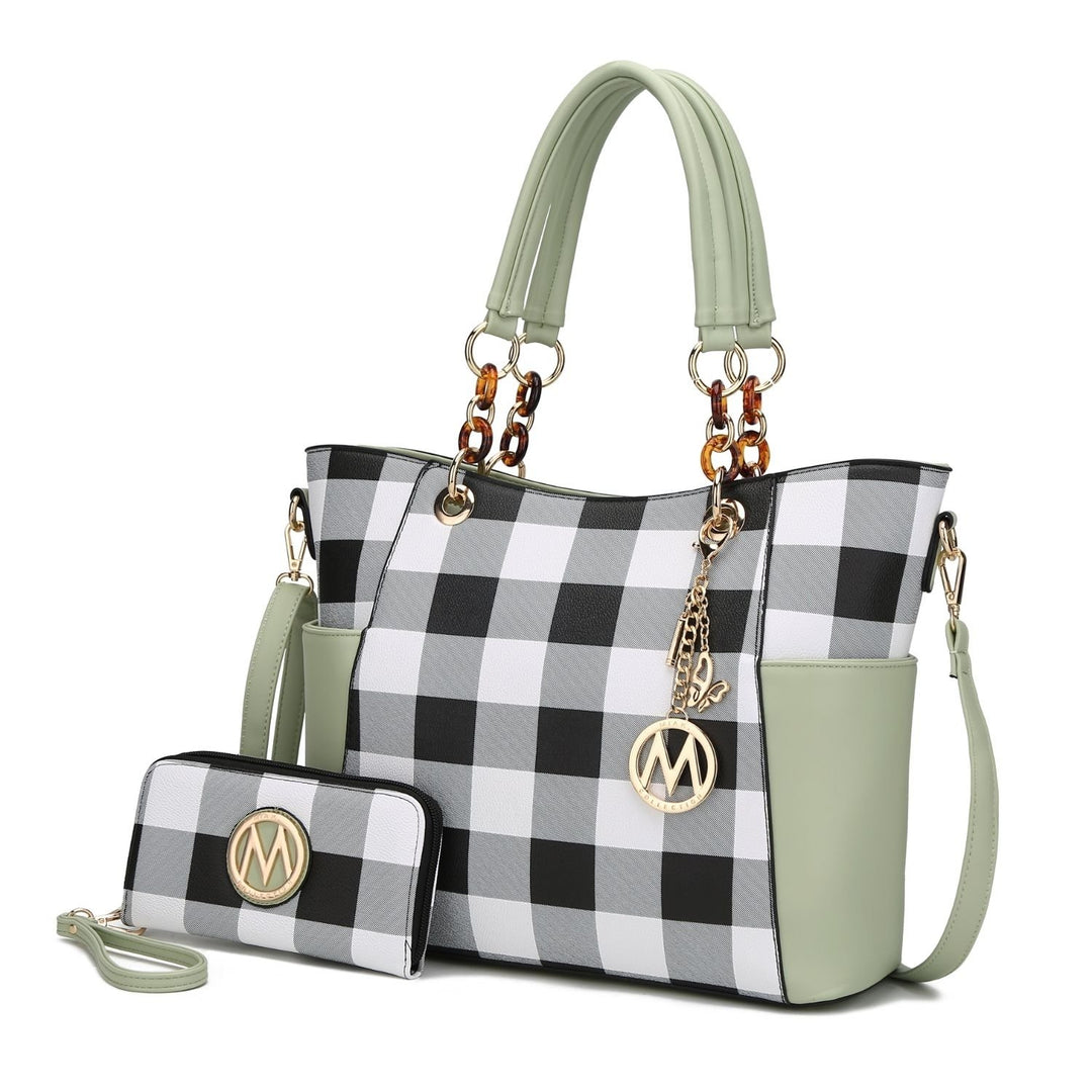 Bonita Checkered Multi-Functional Tote 2 Pcs Womes Large Handbag with Wallet and Decorative M keychain by Mia K. Image 1