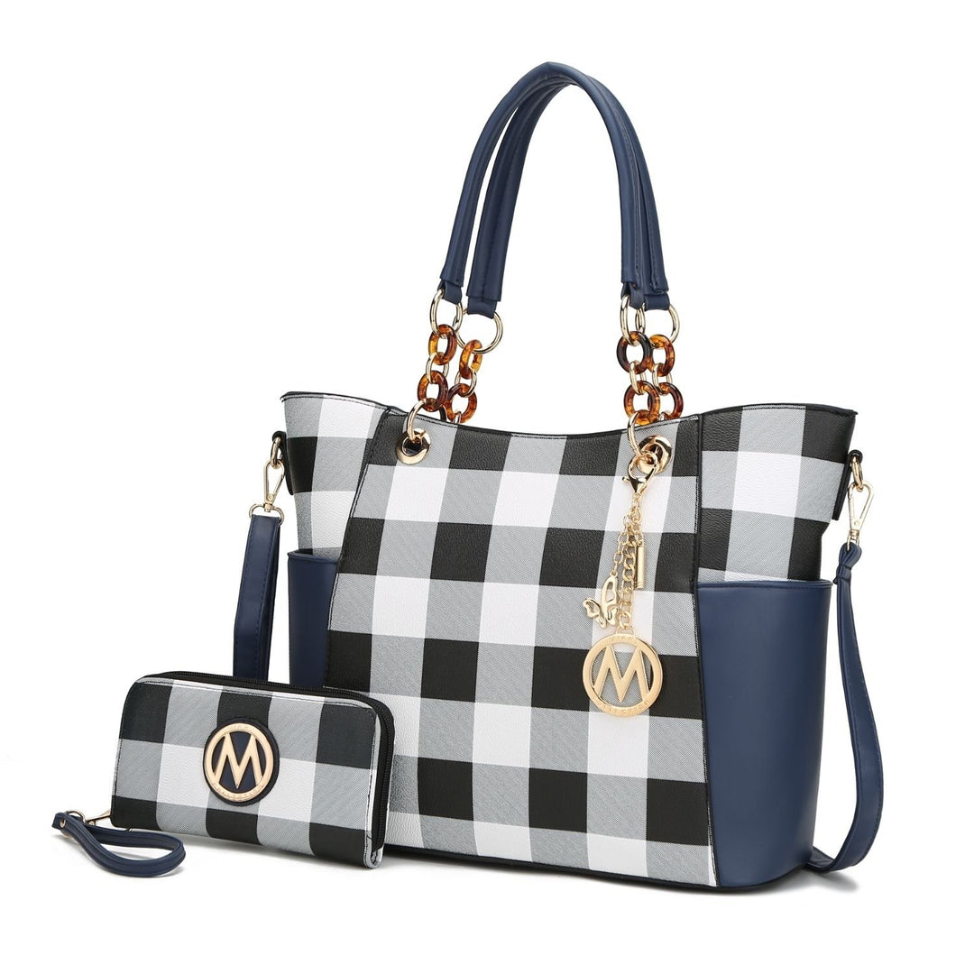 Bonita Checkered Tote 2 Pcs Womes Large Handbag with Wallet and Decorative M keychain by Mia k. Image 7