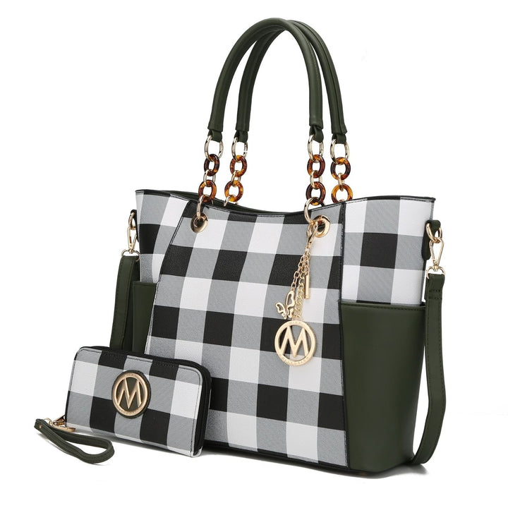 Bonita Checkered Tote 2 Pcs Womes Large Handbag with Wallet and Decorative M keychain by Mia k. Image 8