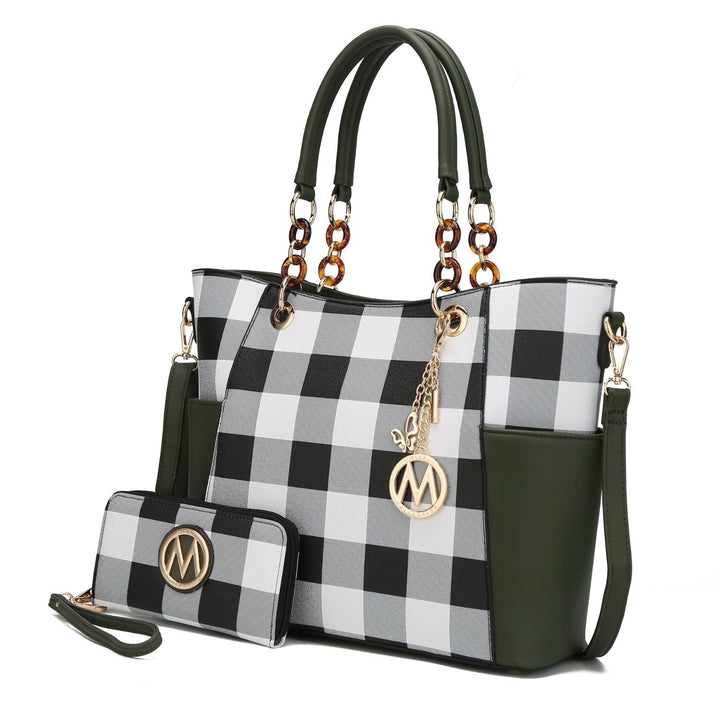 Bonita Checkered Multi-Functional Tote 2 Pcs Womes Large Handbag with Wallet and Decorative M keychain by Mia K. Image 1