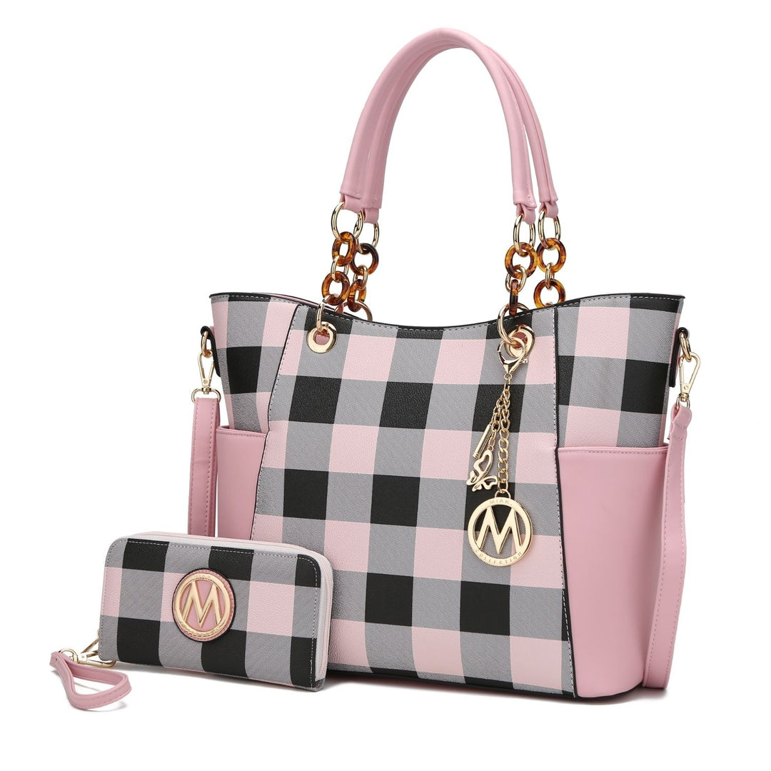 Bonita Checkered Tote 2 Pcs Womes Large Handbag with Wallet and Decorative M keychain by Mia k. Image 9