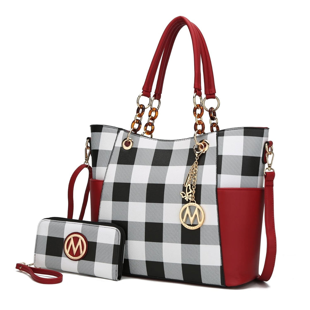 Bonita Checkered Multi-Functional Tote 2 Pcs Womes Large Handbag with Wallet and Decorative M keychain by Mia K. Image 1