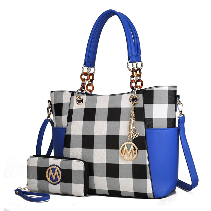 Bonita Checkered Tote 2 Pcs Womes Large Handbag with Wallet and Decorative M keychain by Mia k. Image 11